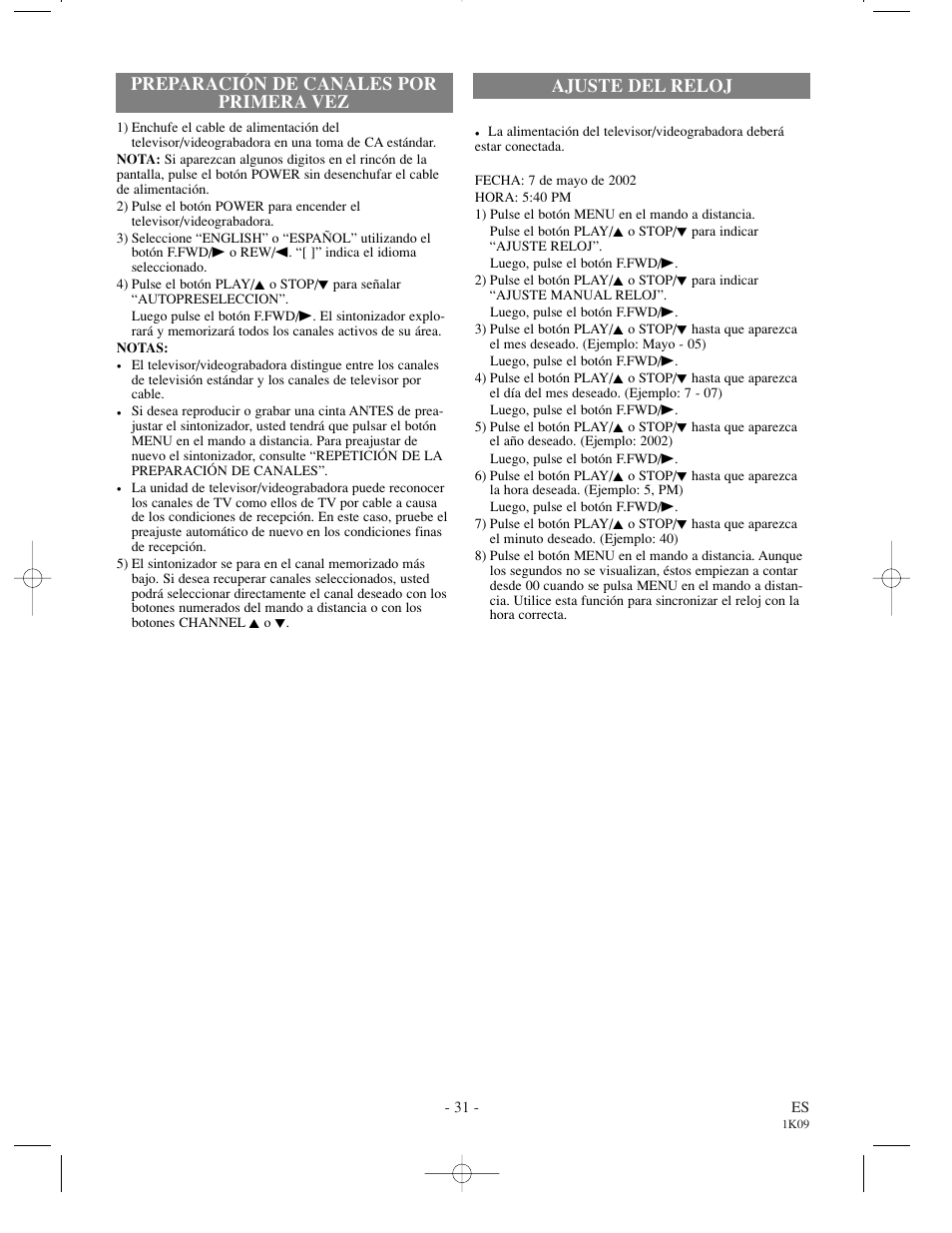 Preparación de canales por primera vez, Ajuste del reloj | Sylvania SRC2213 User Manual | Page 31 / 32
