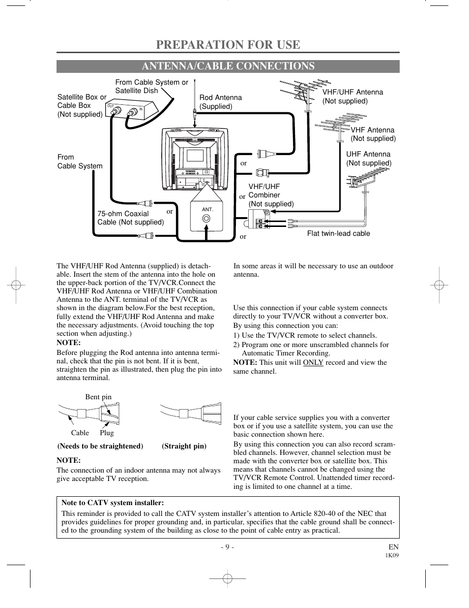 Preparation for use, Antenna/cable connections | Sylvania SRC2213 User Manual | Page 9 / 32