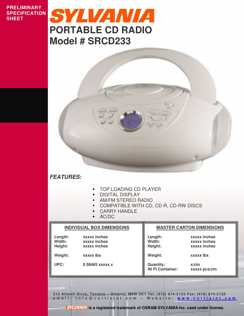 Sylvania SRCD233 User Manual | 1 page