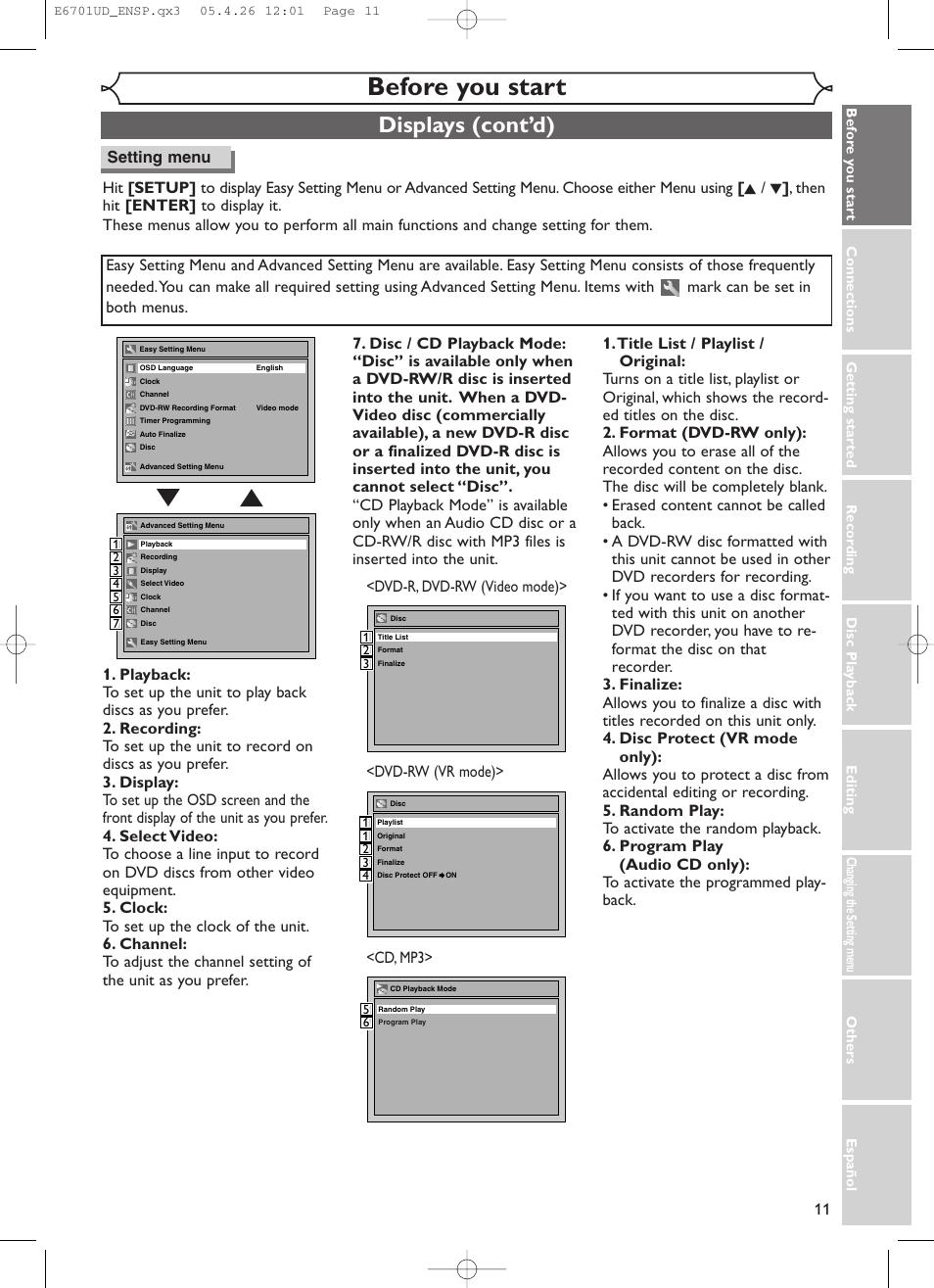 Before you start, Displays (cont’d) | Sylvania DVR95DF User Manual | Page 13 / 82