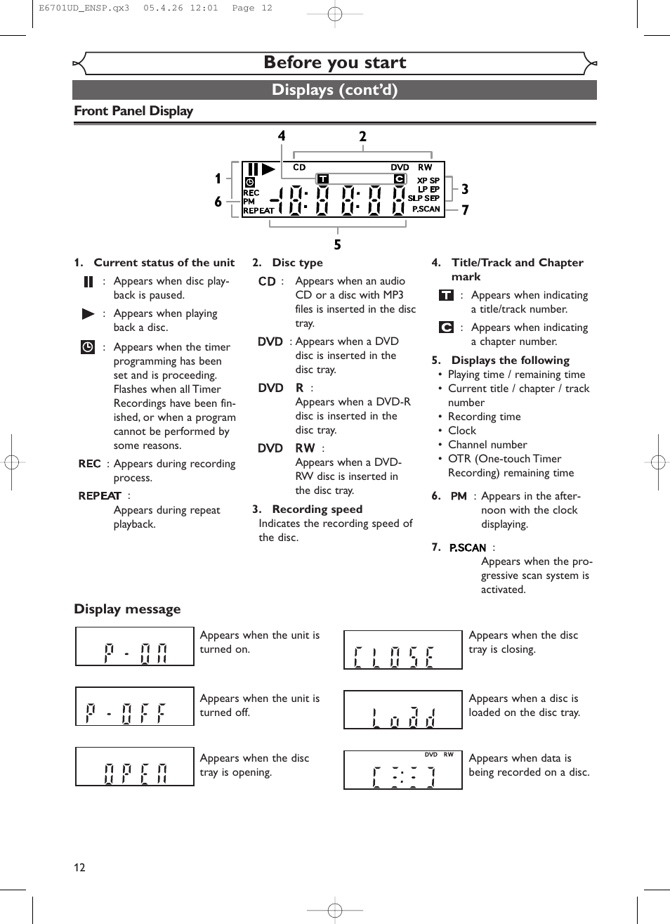 Before you start, Displays (cont’d) | Sylvania DVR95DF User Manual | Page 14 / 82