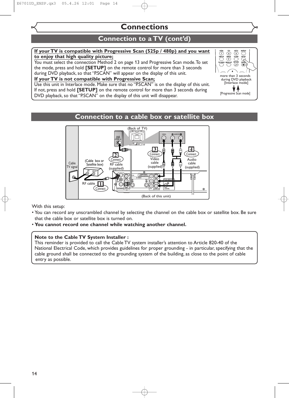Connections, Connection to a cable box or satellite box, Connection to a tv (cont’d) | Sylvania DVR95DF User Manual | Page 16 / 82