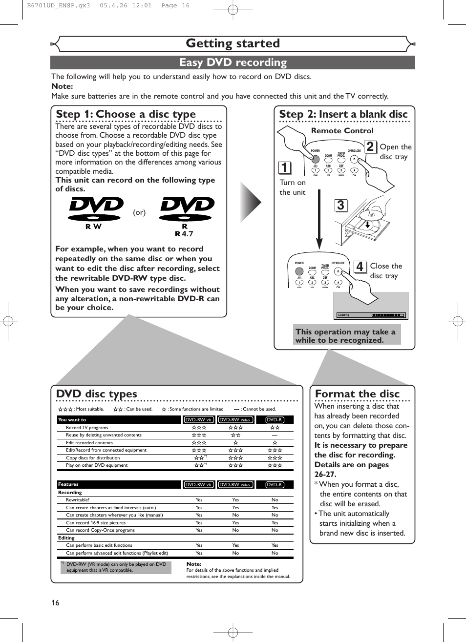 Getting started, Easy dvd recording, Step 1: choose a disc type | Step 2: insert a blank disc, Format the disc, Dvd disc types, Turn on the unit, This operation may take a while to be recognized | Sylvania DVR95DF User Manual | Page 18 / 82