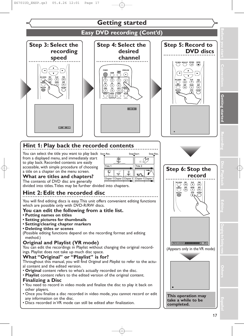 Getting started, Easy dvd recording (cont’d), Step 3: select the recording speed | Step 5: record to dvd discs, Step 4: select the desired channel, Step 6: stop the record, Hint 1: play back the recorded contents, Hint 2: edit the recorded disc, What are titles and chapters, You can edit the following from a title list | Sylvania DVR95DF User Manual | Page 19 / 82