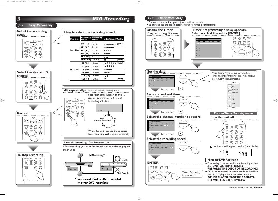 3dvd recording, Easy recording, Timer recording | Select the recording speed, Record, Select the desired tv channel, How to select the recording speed, Hit repeatedly, Display the timer programming screen, Timer programming display appears | Sylvania DVR95DF User Manual | Page 2 / 82
