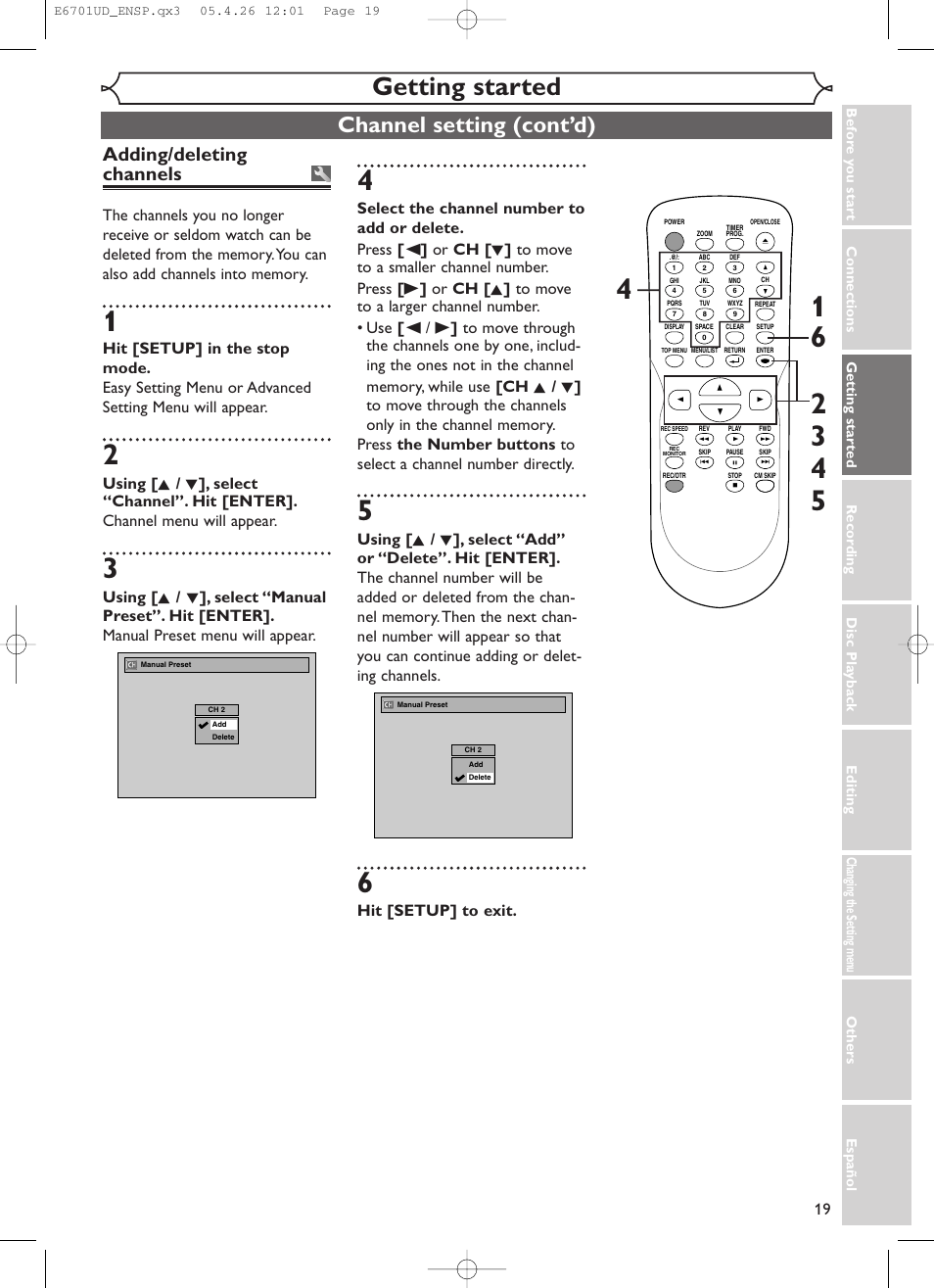 Getting started, Channel setting (cont’d), Adding/deleting channels | Hit [setup] to exit | Sylvania DVR95DF User Manual | Page 21 / 82