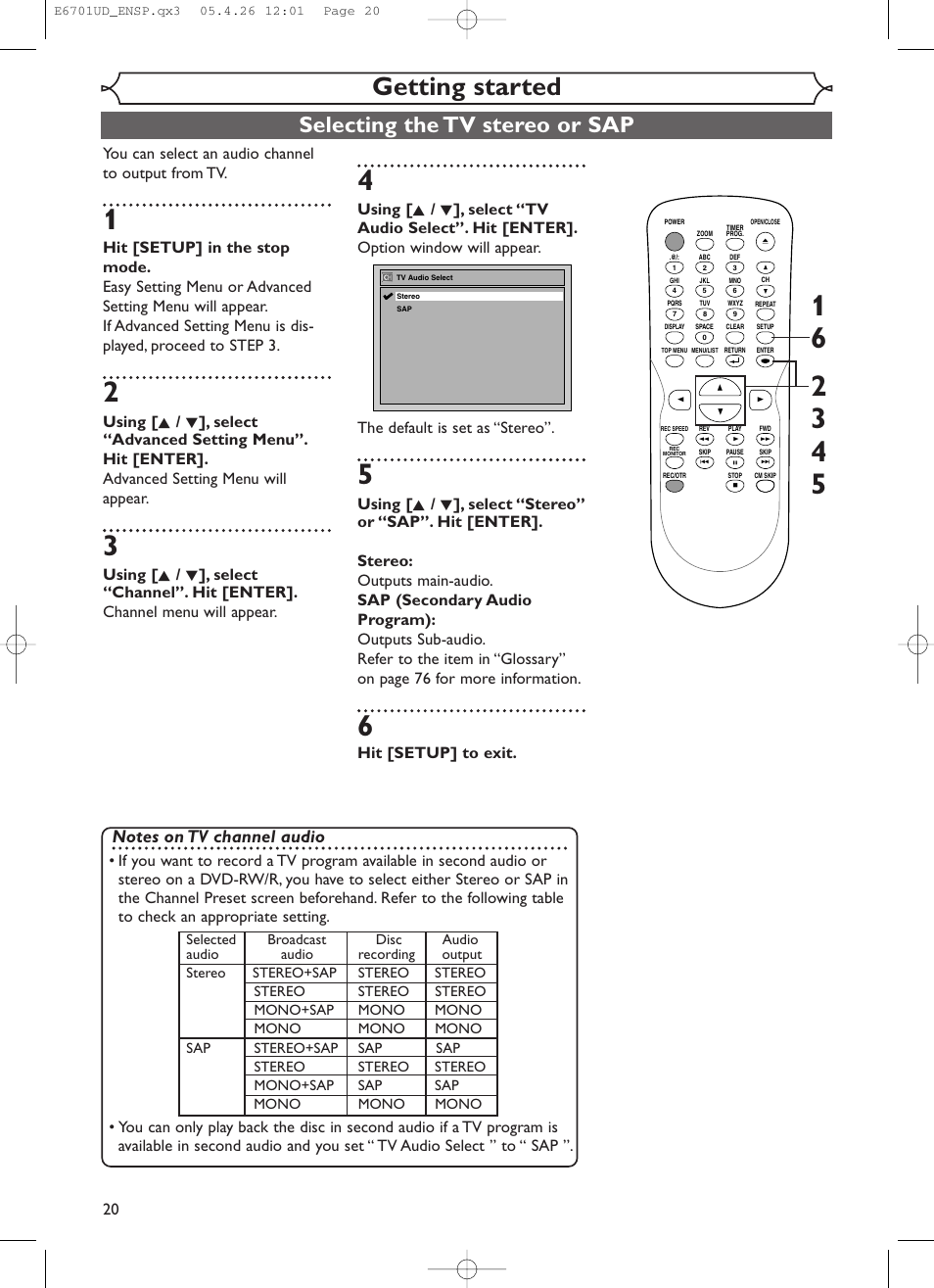 Getting started, Selecting the tv stereo or sap, Hit [setup] to exit | Sylvania DVR95DF User Manual | Page 22 / 82