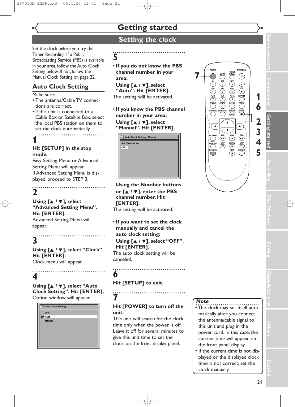 Getting started, Setting the clock, Auto clock setting | Hit [setup] to exit | Sylvania DVR95DF User Manual | Page 23 / 82