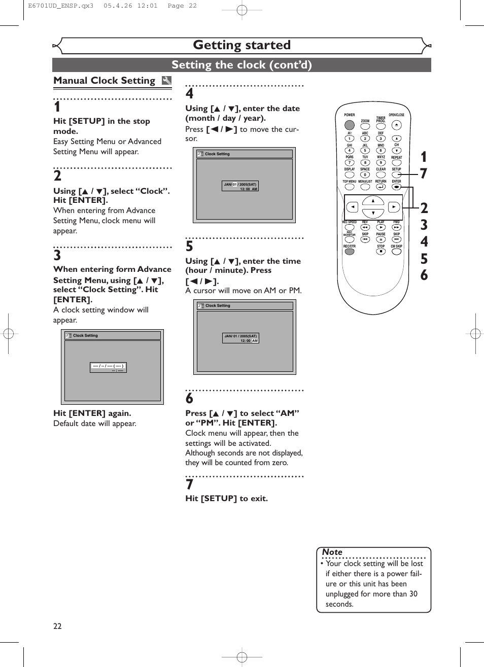 Getting started, Setting the clock (cont’d), Manual clock setting | Hit [setup] to exit | Sylvania DVR95DF User Manual | Page 24 / 82