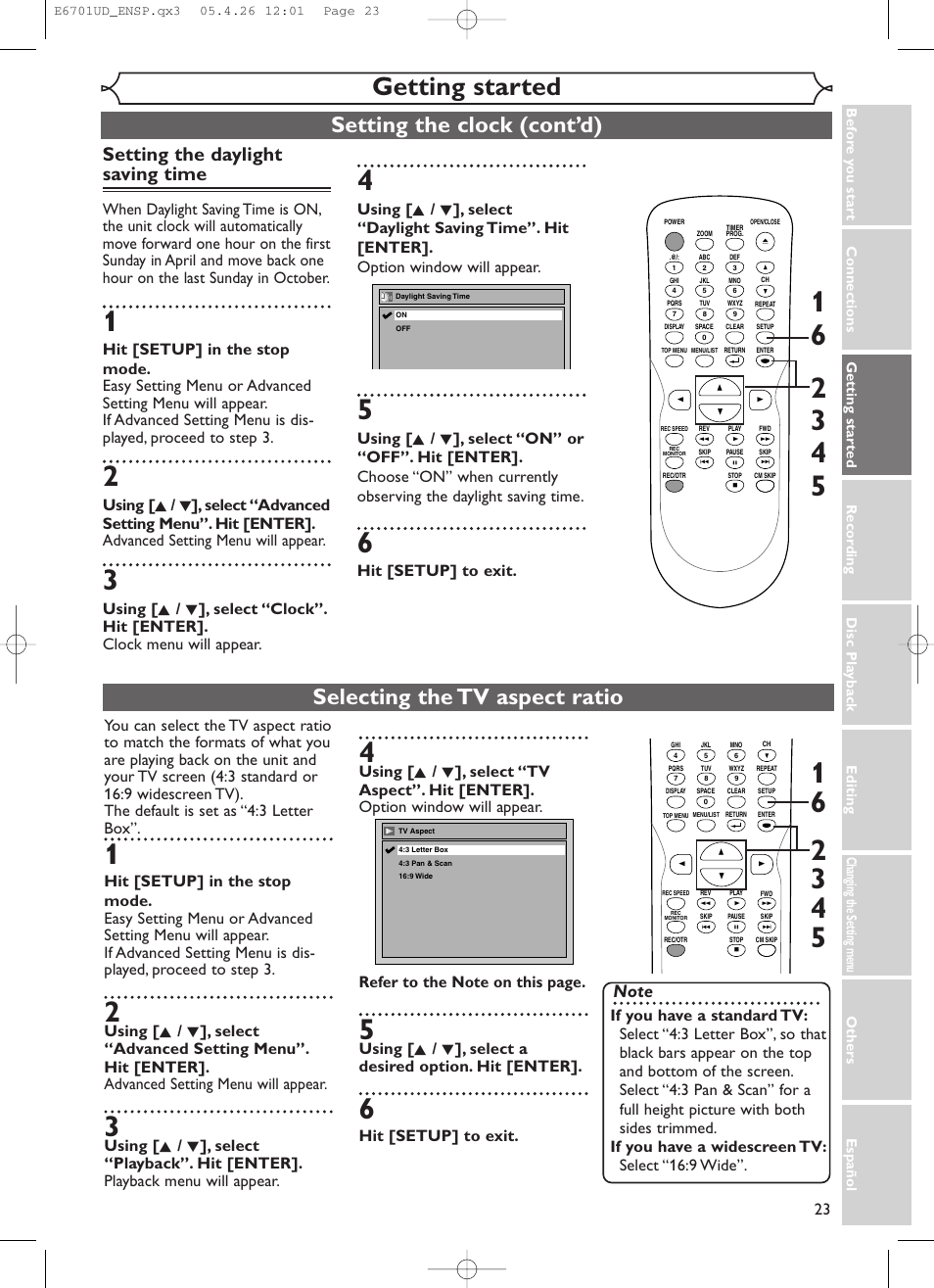 Getting started, Setting the clock (cont’d), Selecting the tv aspect ratio | Setting the daylight saving time, Hit [setup] to exit | Sylvania DVR95DF User Manual | Page 25 / 82