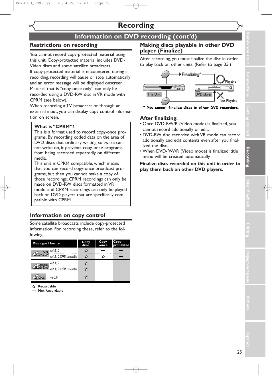 Recording, Information on dvd recording (cont’d), Restrictions on recording | Information on copy control, After finalizing | Sylvania DVR95DF User Manual | Page 27 / 82