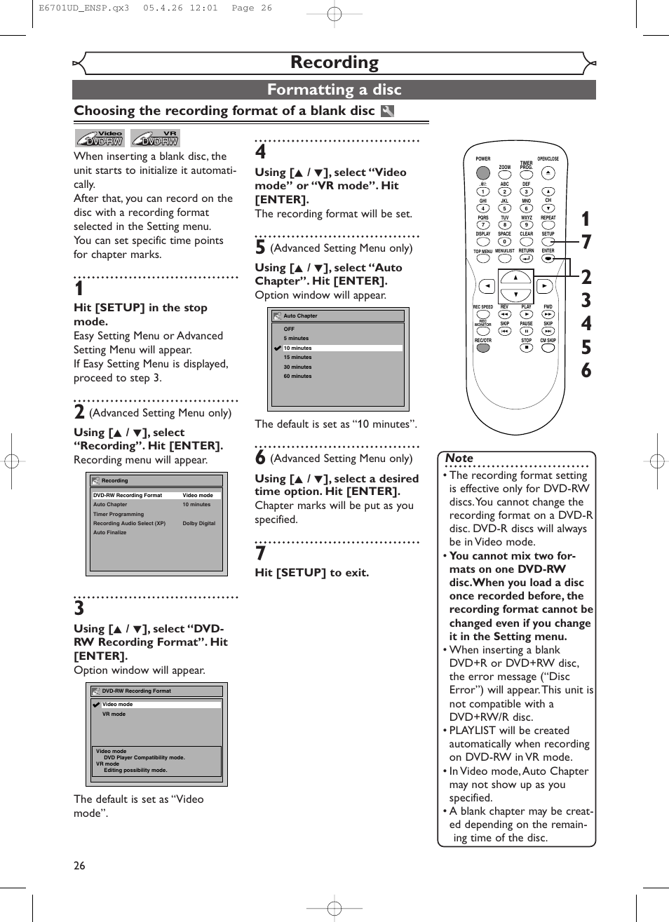 Recording, Formatting a disc, Choosing the recording format of a blank disc | Hit [setup] to exit | Sylvania DVR95DF User Manual | Page 28 / 82