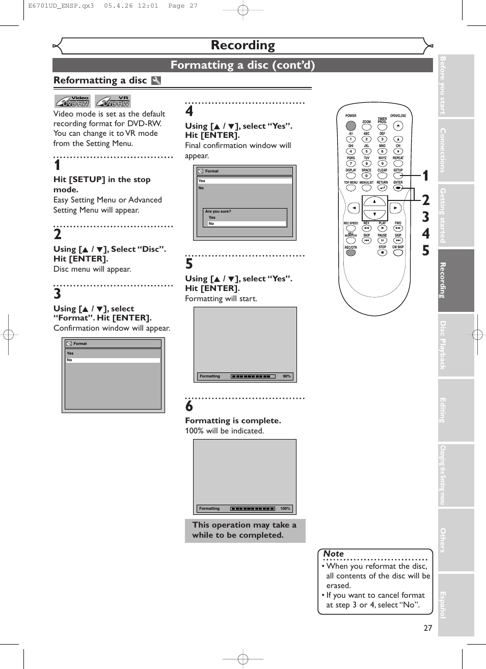 Recording, Formatting a disc (cont’d), Reformatting a disc | Formatting is complete. 100% will be indicated, This operation may take a while to be completed | Sylvania DVR95DF User Manual | Page 29 / 82