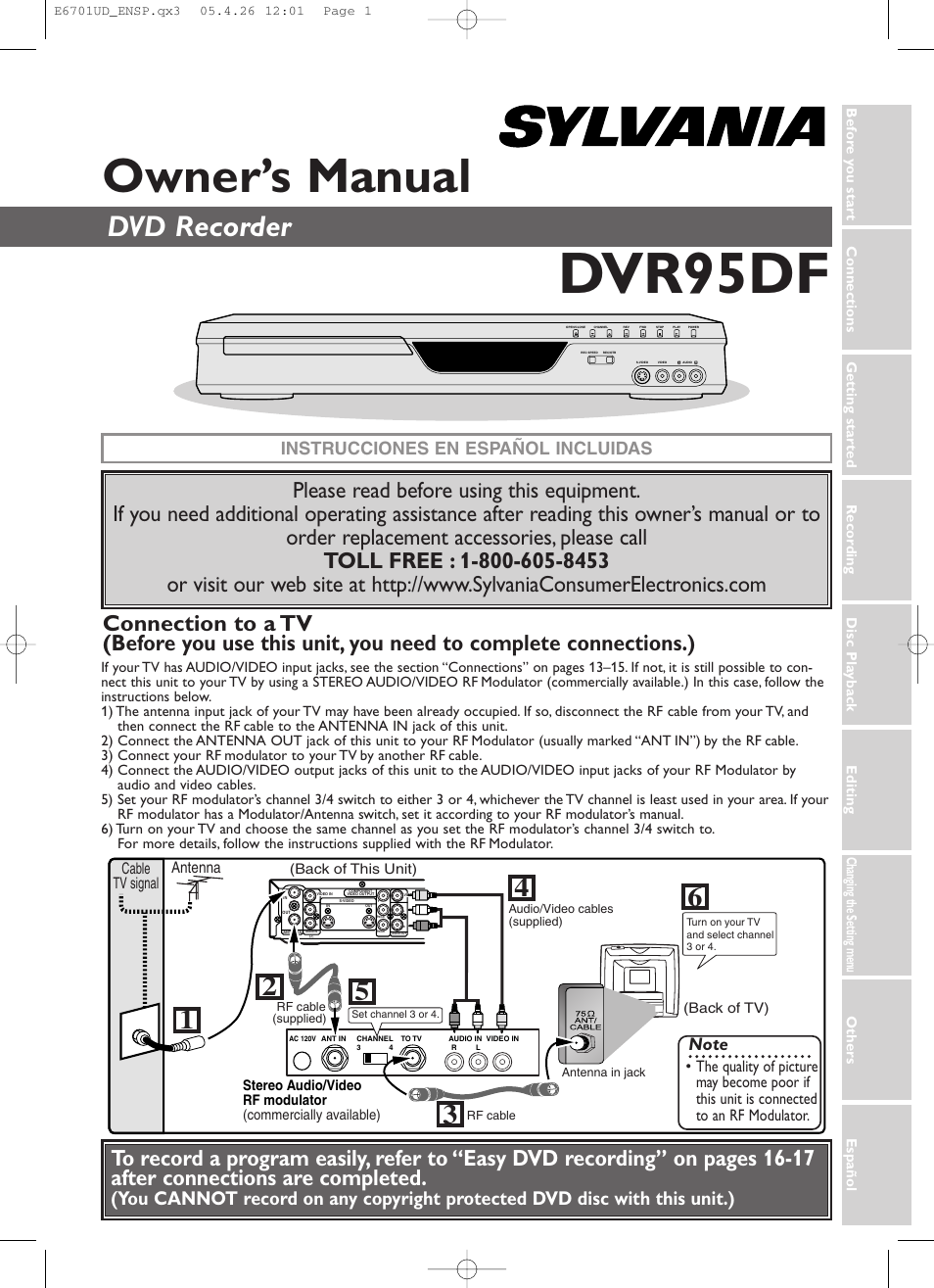 Dvr95df, Owner’s manual, Dvd recorder | Instrucciones en español incluidas, Antenna cable tv signal | Sylvania DVR95DF User Manual | Page 3 / 82