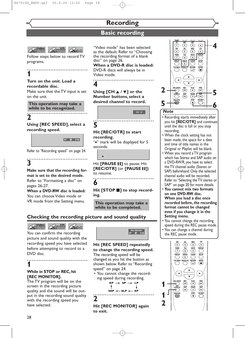 Recording, Basic recording, Checking the recording picture and sound quality | Hit [rec/otr] to start recording, This operation may take a while to be recognized, Hit [rec monitor] again to exit | Sylvania DVR95DF User Manual | Page 30 / 82