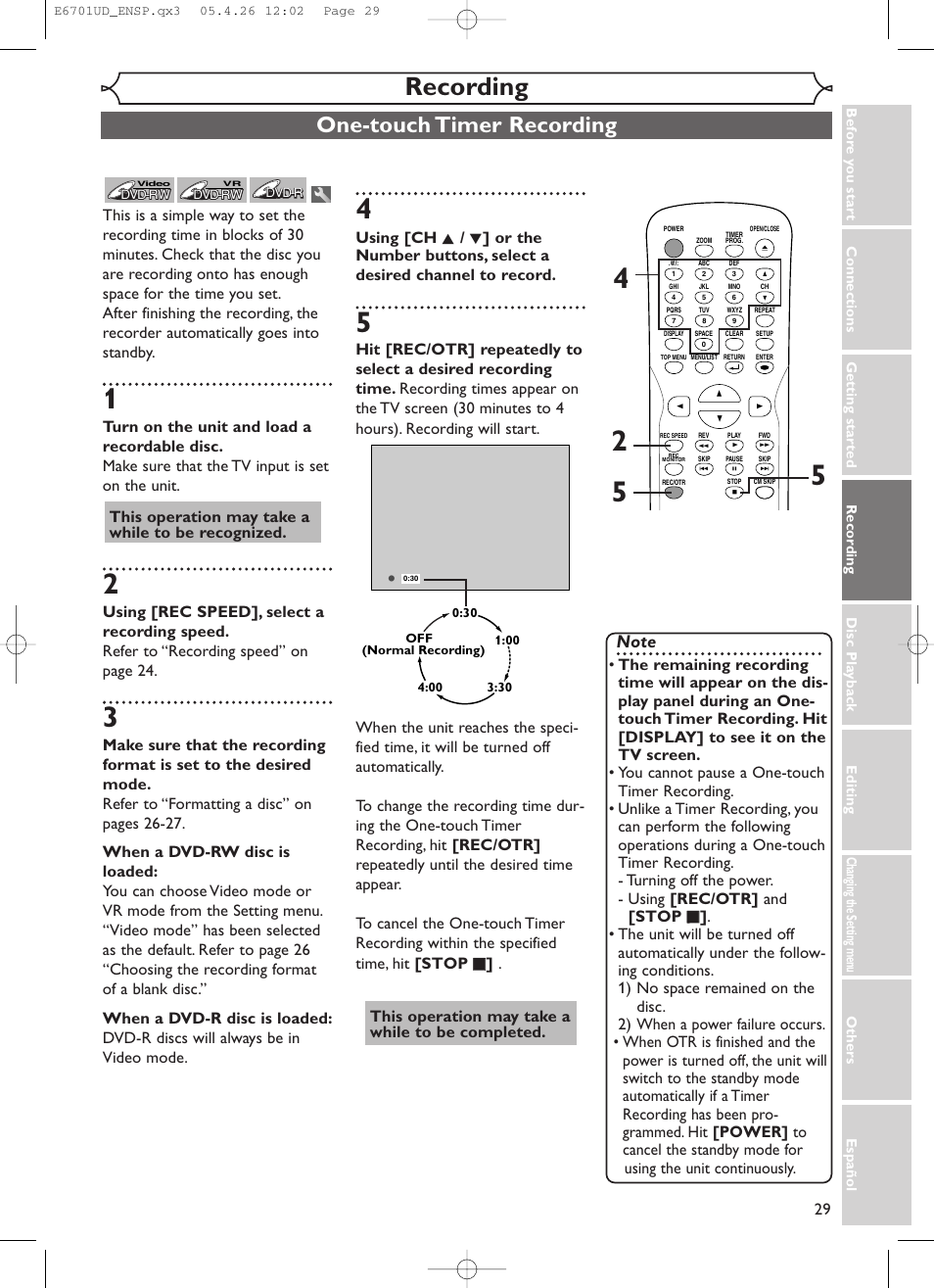 Recording, One-touch timer recording, This operation may take a while to be recognized | This operation may take a while to be completed | Sylvania DVR95DF User Manual | Page 31 / 82