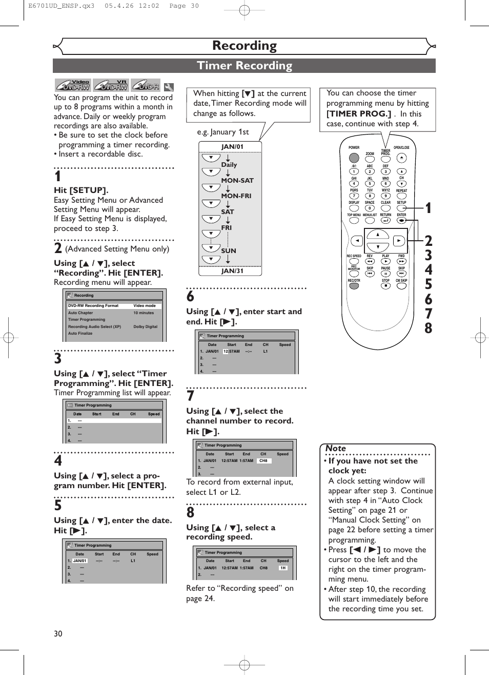 Recording, Timer recording, Using [ k / l ], enter start and end. hit [ b | Sylvania DVR95DF User Manual | Page 32 / 82