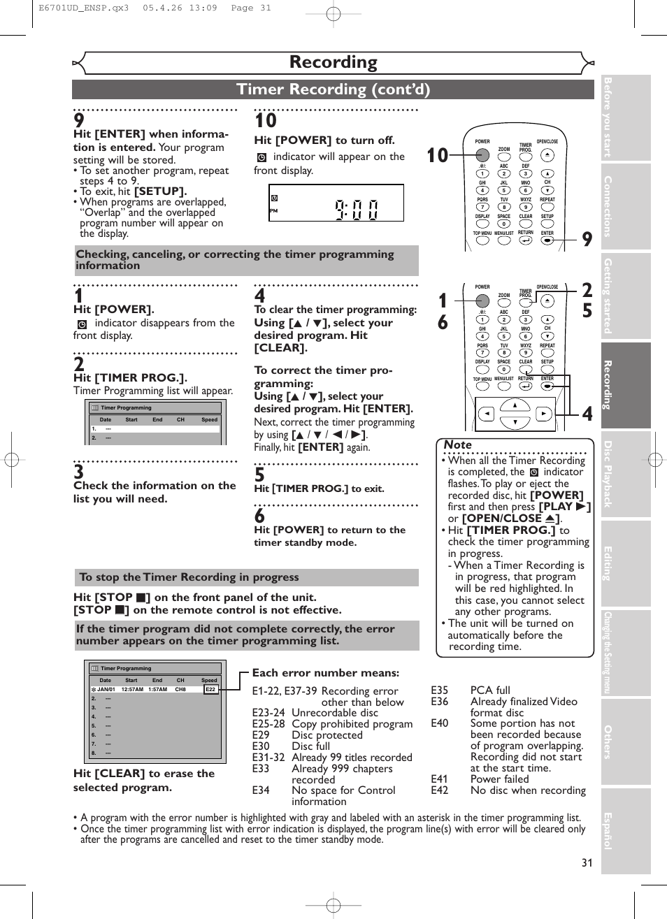 Recording, Timer recording (cont’d) | Sylvania DVR95DF User Manual | Page 33 / 82