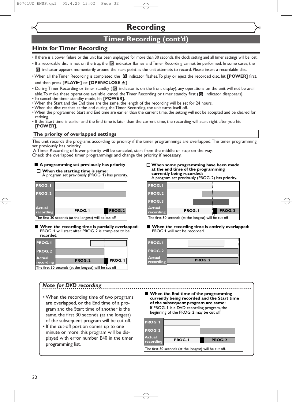 Recording, Timer recording (cont’d), Hints for timer recording | Sylvania DVR95DF User Manual | Page 34 / 82