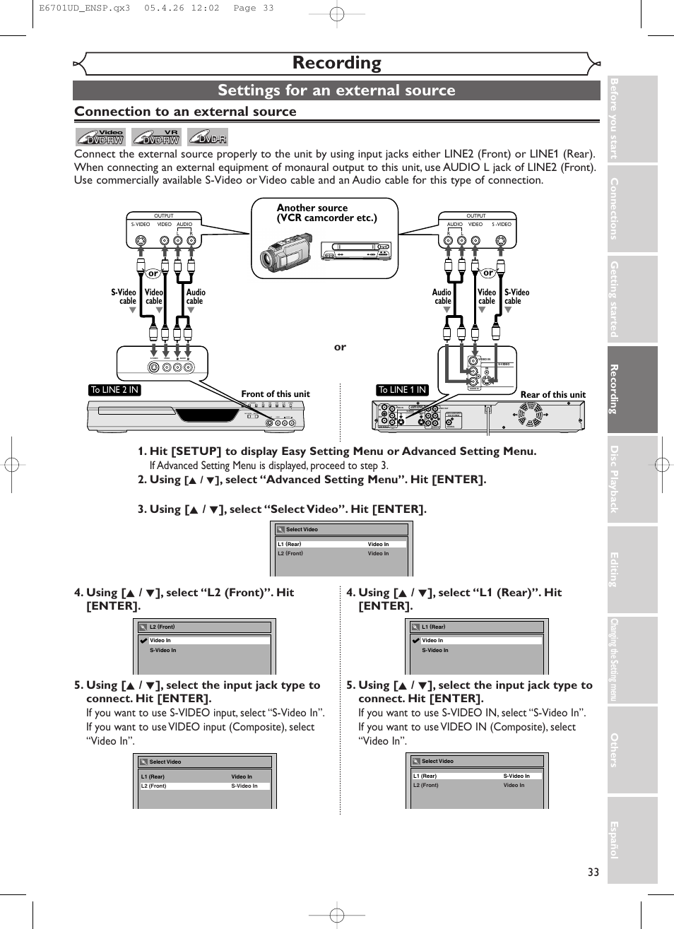 Recording, Settings for an external source, Connection to an external source | Another source (vcr camcorder etc.), K / l | Sylvania DVR95DF User Manual | Page 35 / 82