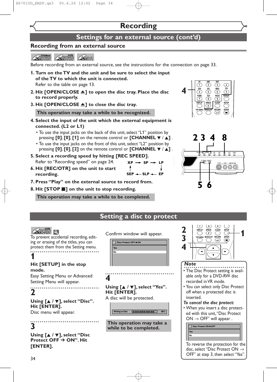 Recording, Settings for an external source (cont’d), Setting a disc to protect | Recording from an external source | Sylvania DVR95DF User Manual | Page 36 / 82
