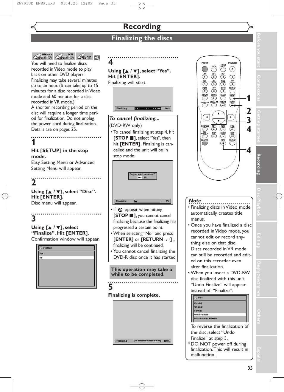 Recording, Finalizing the discs, Finalizing is complete | This operation may take a while to be completed | Sylvania DVR95DF User Manual | Page 37 / 82