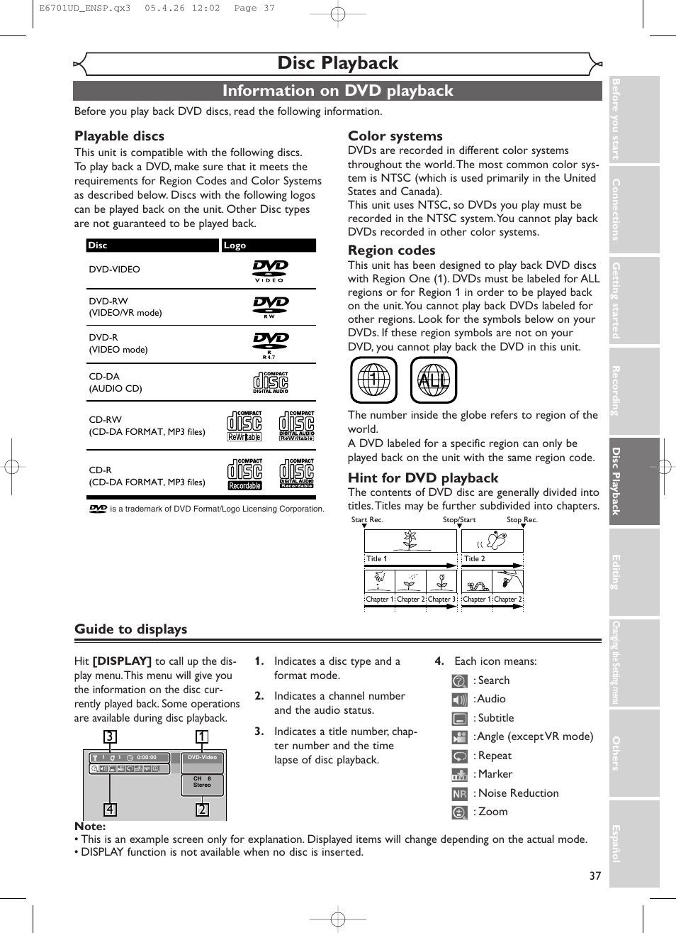 Disc playback, Information on dvd playback, Guide to displays playable discs | Color systems, Region codes, Hint for dvd playback | Sylvania DVR95DF User Manual | Page 39 / 82