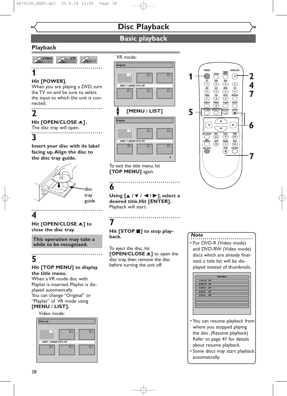 Disc playback, Basic playback, Playback | Hit [open/close a ] . the disc tray will open, Hit [open/close a ] to close the disc tray, Disc tray guide, This operation may take a while to be recognized | Sylvania DVR95DF User Manual | Page 40 / 82
