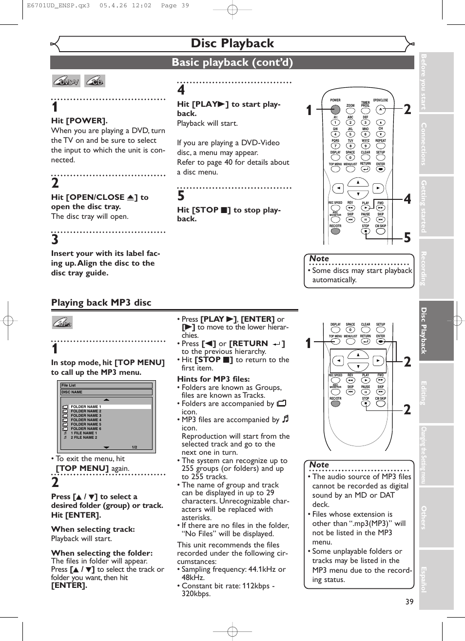 Disc playback, Basic playback (cont’d), Playing back mp3 disc | Hit [stop c ] to stop play- back, Some discs may start playback automatically | Sylvania DVR95DF User Manual | Page 41 / 82