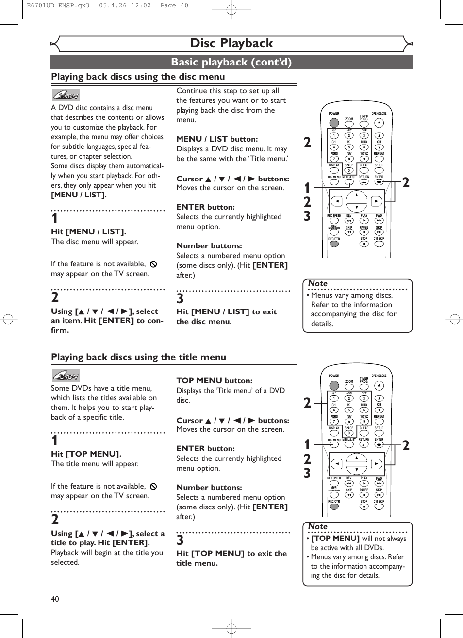 Disc playback, Basic playback (cont’d), Playing back discs using the disc menu | Playing back discs using the title menu, Hit [menu / list] to exit the disc menu, Hit [top menu] to exit the title menu | Sylvania DVR95DF User Manual | Page 42 / 82