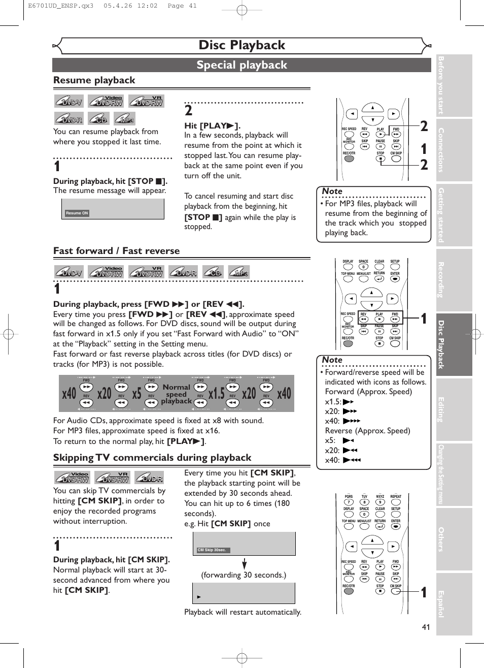 Disc playback, Special playback, Resume playback | Fast forward / fast reverse, Skipping tv commercials during playback, Normal speed playback | Sylvania DVR95DF User Manual | Page 43 / 82