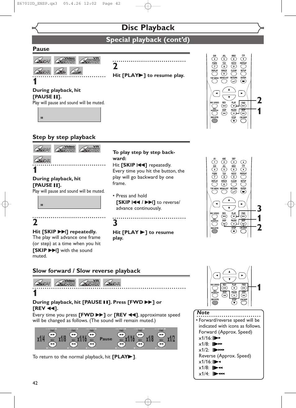 X1/8, Disc playback, Special playback (cont’d) | Step by step playback, Slow forward / slow reverse playback, Pause, Hit [play b ] to resume play | Sylvania DVR95DF User Manual | Page 44 / 82
