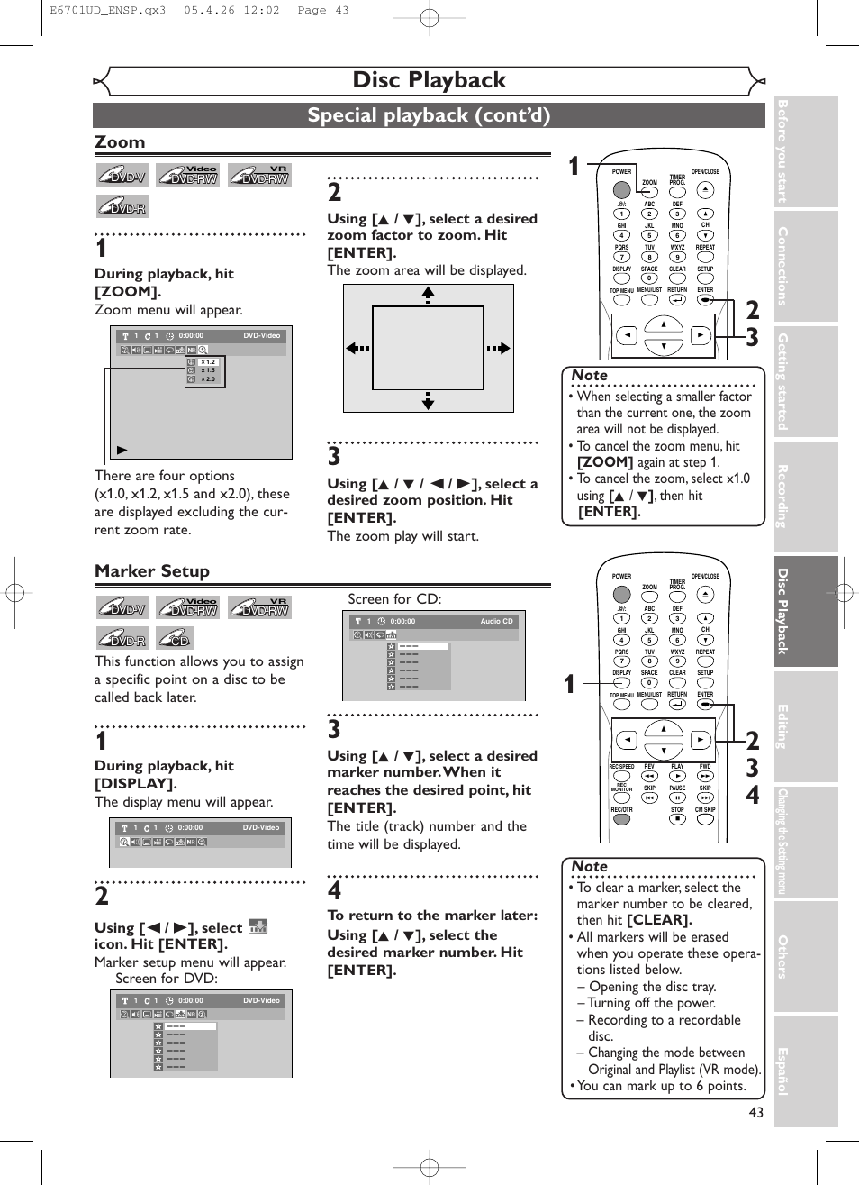 Disc playback, Special playback (cont’d), Zoom | Marker setup | Sylvania DVR95DF User Manual | Page 45 / 82