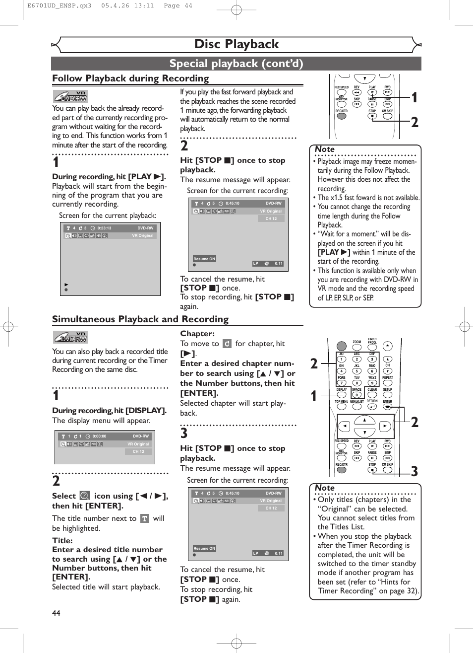 Disc playback, Special playback (cont’d), Follow playback during recording | Simultaneous playback and recording | Sylvania DVR95DF User Manual | Page 46 / 82