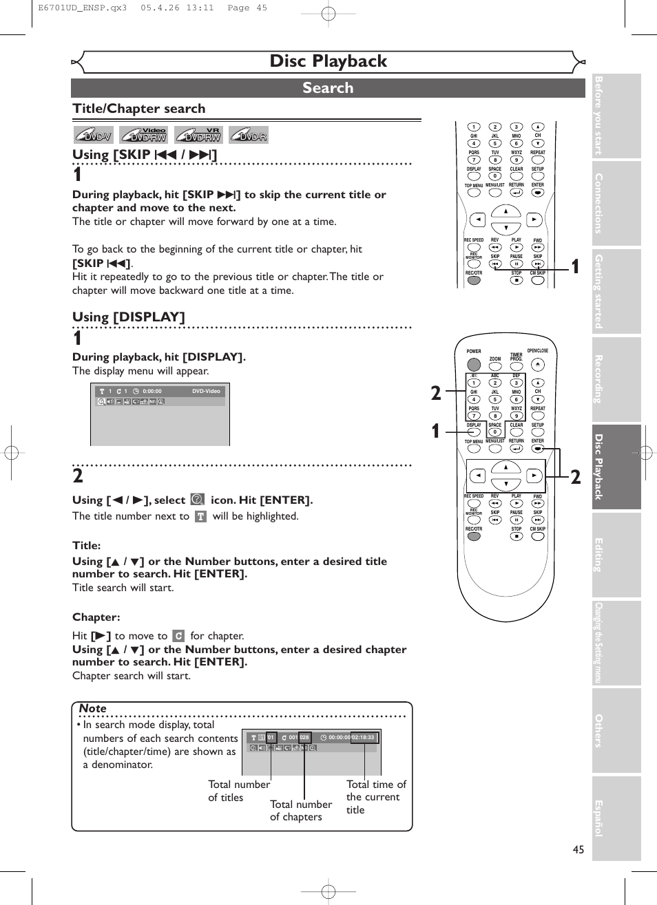 Disc playback, Search, Title/chapter search using [skip h / g | Using [display | Sylvania DVR95DF User Manual | Page 47 / 82