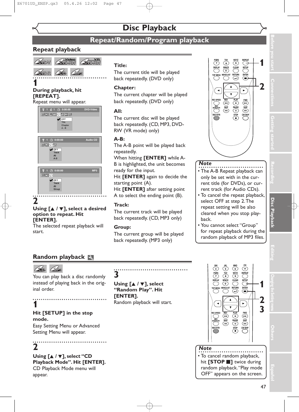 Disc playback, Repeat/random/program playback, Repeat playback | Random playback | Sylvania DVR95DF User Manual | Page 49 / 82