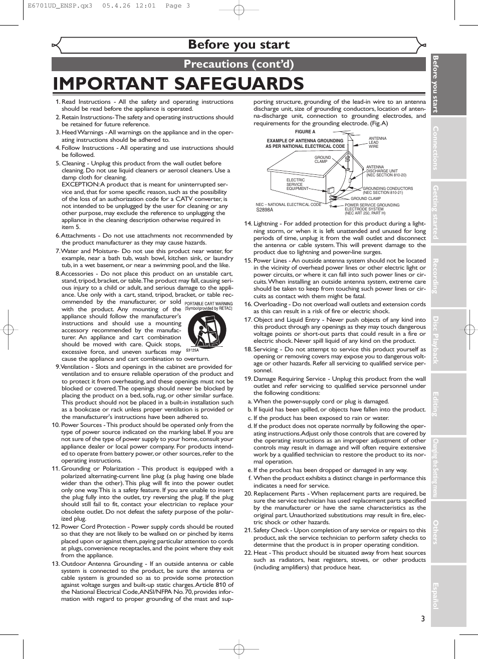 Important safeguards, Before you start, Precautions (cont’d) | Sylvania DVR95DF User Manual | Page 5 / 82