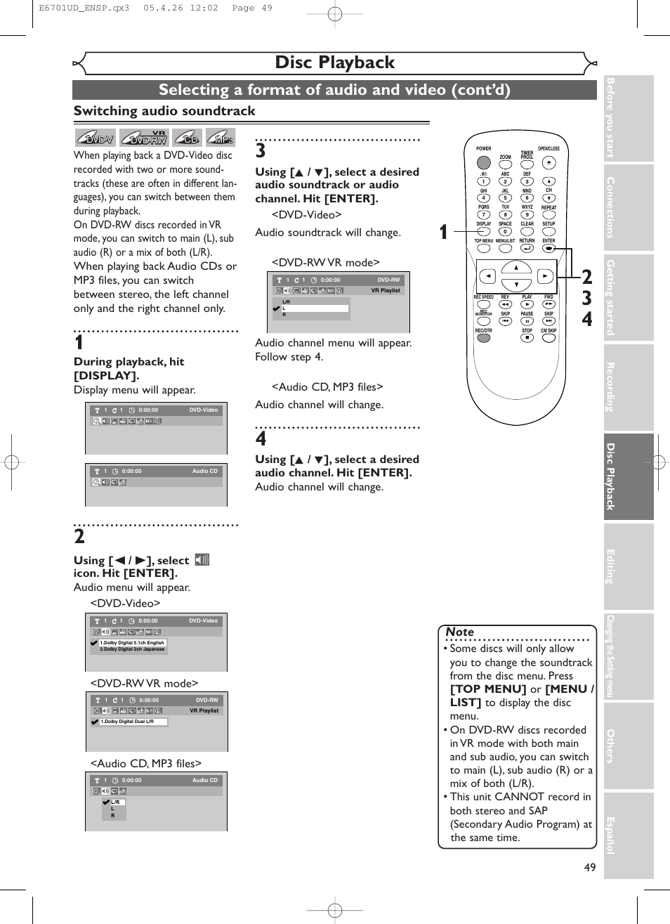 Disc playback, Selecting a format of audio and video (cont’d), Switching audio soundtrack | Sylvania DVR95DF User Manual | Page 51 / 82