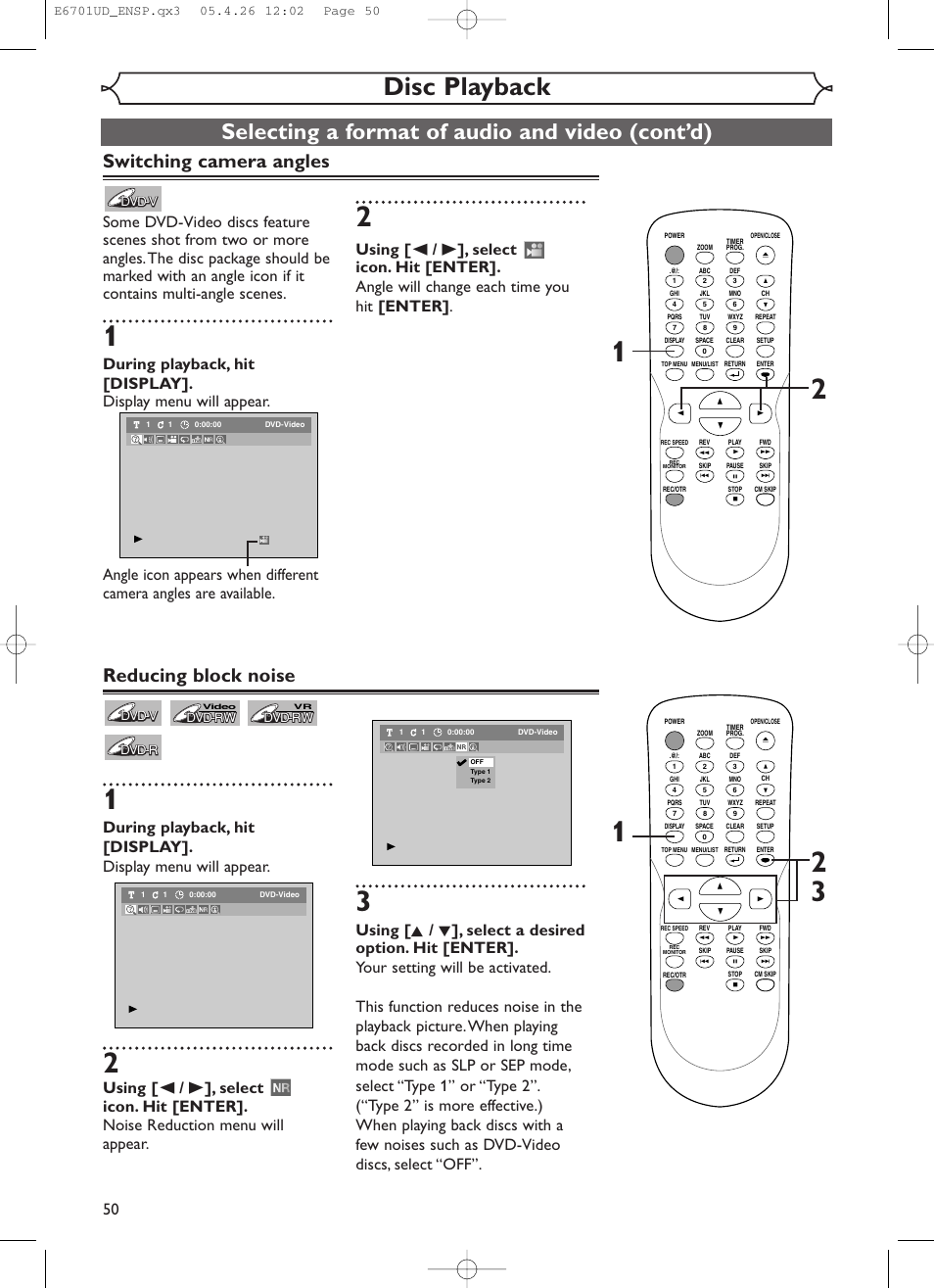 Disc playback, Selecting a format of audio and video (cont’d), Switching camera angles | Reducing block noise | Sylvania DVR95DF User Manual | Page 52 / 82