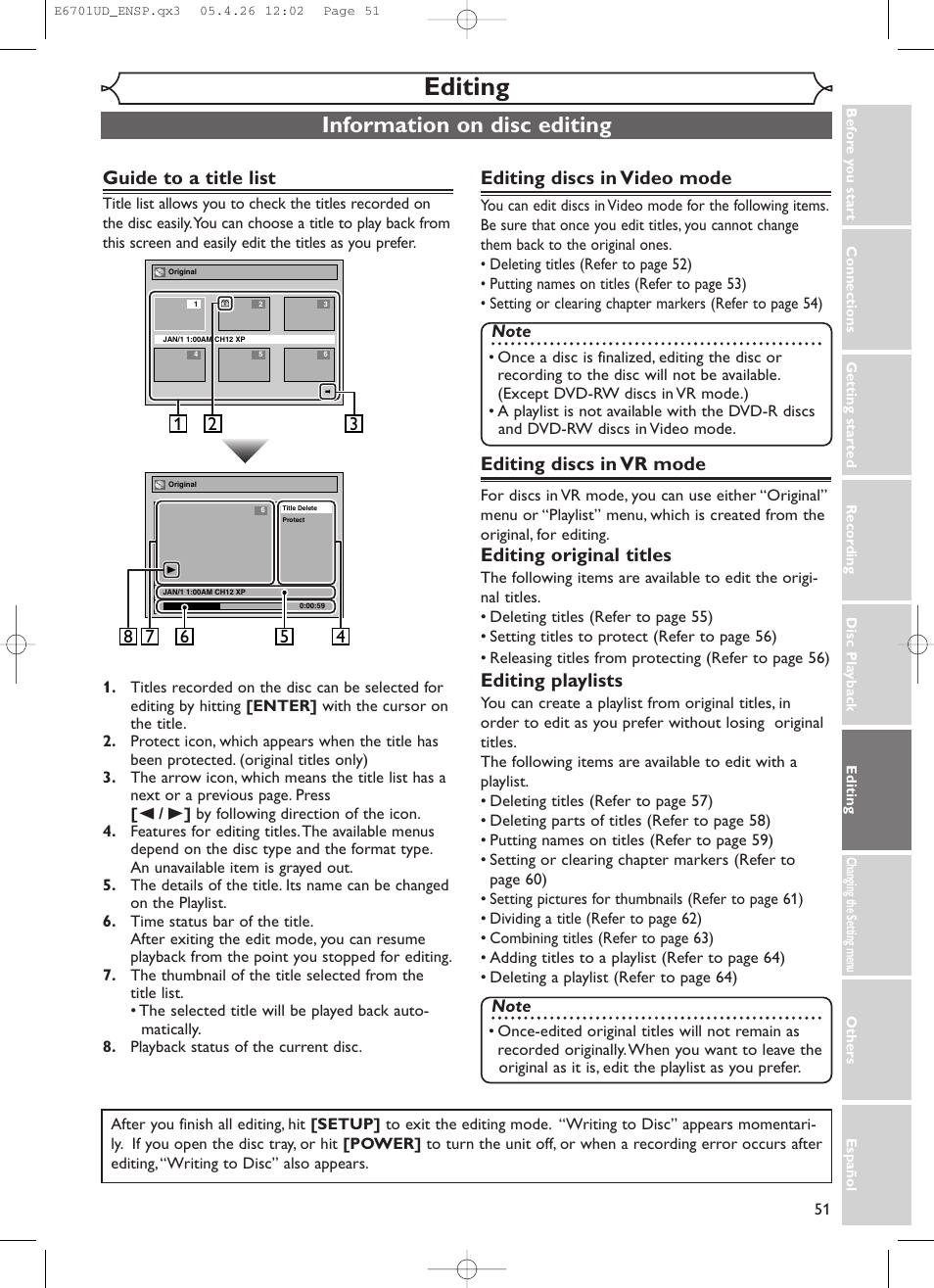 Editing, Information on disc editing, Guide to a title list | Editing discs in video mode, Editing discs in vr mode, Editing original titles, Editing playlists | Sylvania DVR95DF User Manual | Page 53 / 82