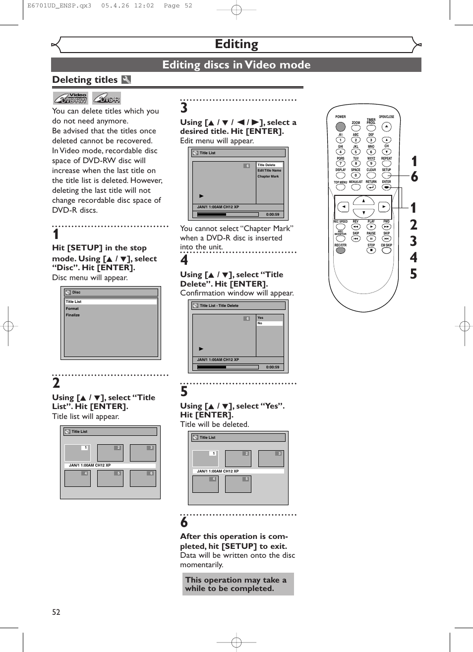 Editing, Editing discs in video mode, Deleting titles | Sylvania DVR95DF User Manual | Page 54 / 82
