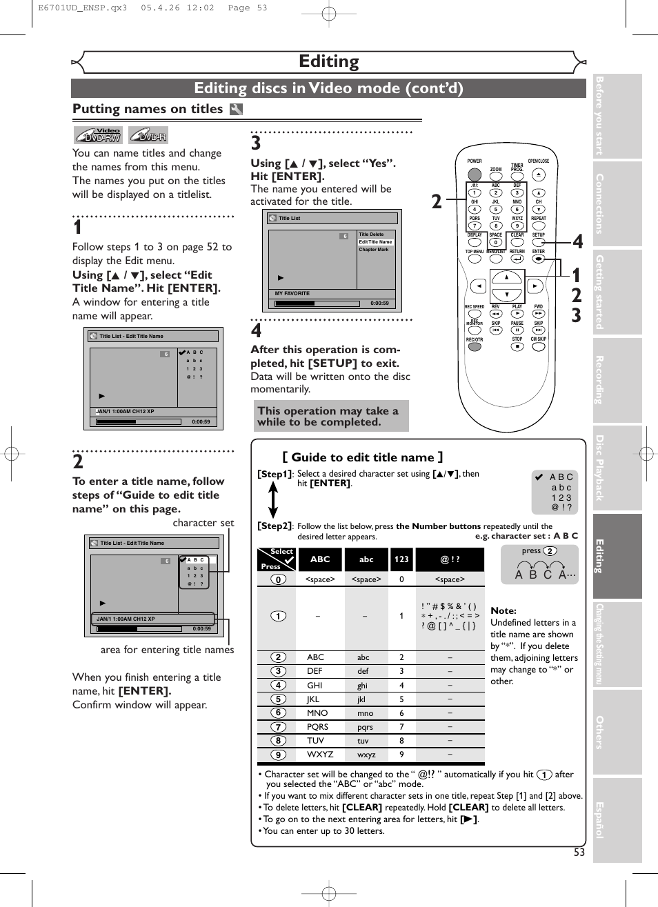 Editing, Editing discs in video mode (cont’d), Putting names on titles | Guide to edit title name, A b c a | Sylvania DVR95DF User Manual | Page 55 / 82