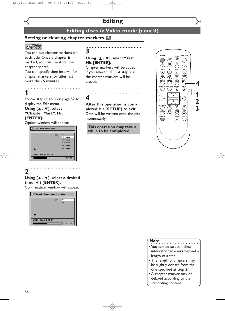 Editing, Editing discs in video mode (cont’d), Setting or clearing chapter markers | Sylvania DVR95DF User Manual | Page 56 / 82