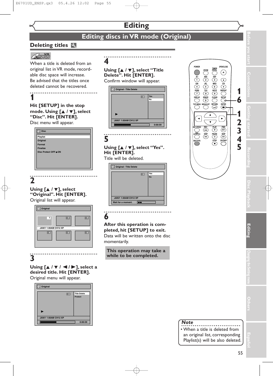 Editing, Editing discs in vr mode (original), Deleting titles | Sylvania DVR95DF User Manual | Page 57 / 82