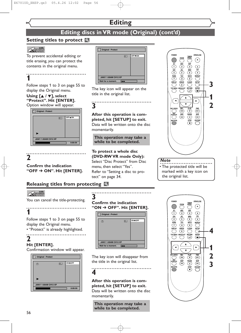 Editing, Editing discs in vr mode (original) (cont’d), Releasing titles from protecting | Setting titles to protect, You can cancel the title-protecting, Hit [enter]. confirmation window will appear | Sylvania DVR95DF User Manual | Page 58 / 82