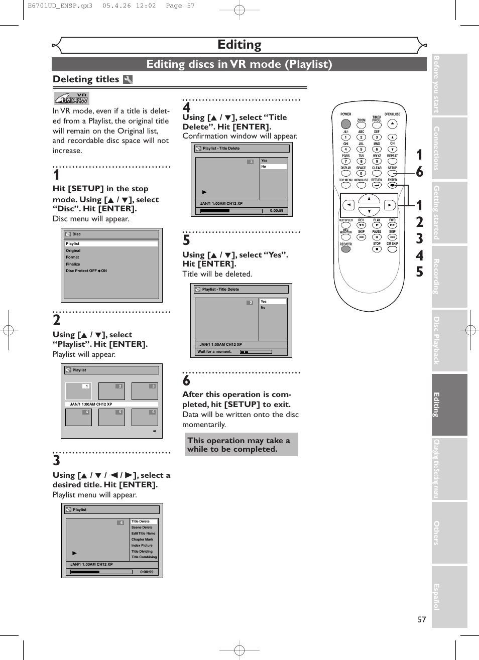 Editing, Editing discs in vr mode (playlist), Deleting titles | Sylvania DVR95DF User Manual | Page 59 / 82