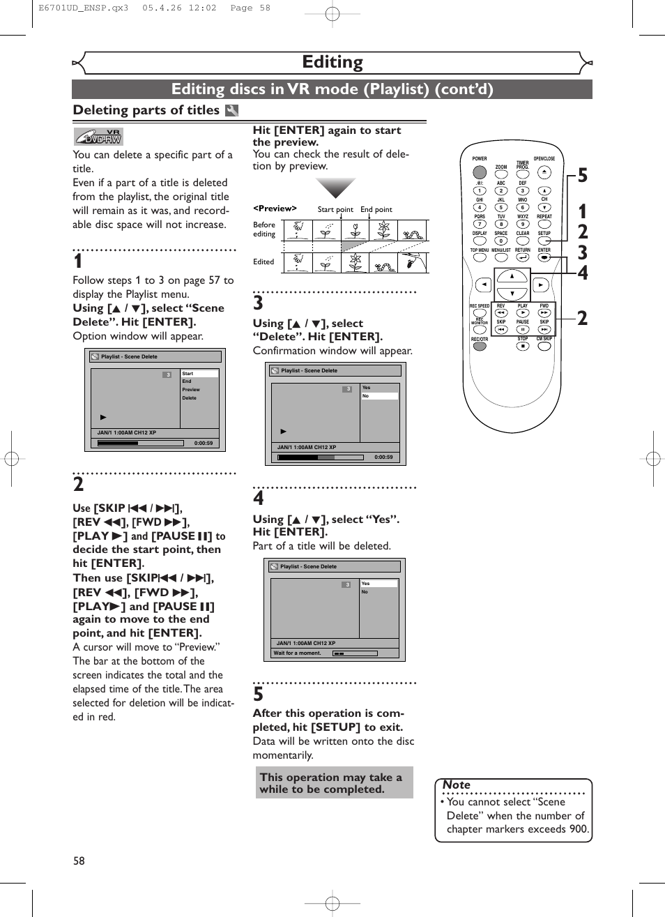Editing, Editing discs in vr mode (playlist) (cont’d), Deleting parts of titles | Sylvania DVR95DF User Manual | Page 60 / 82