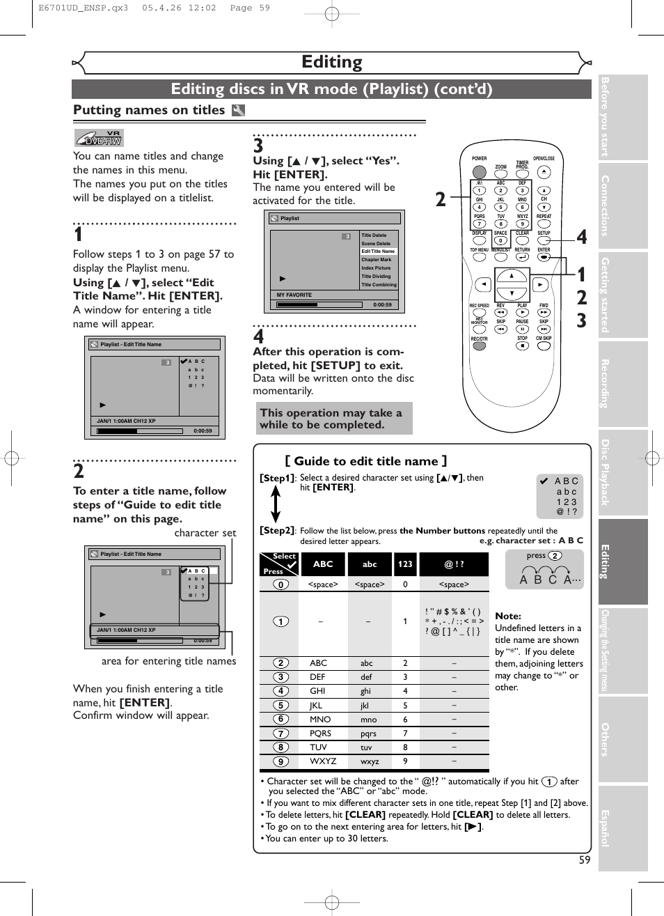 Editing, Editing discs in vr mode (playlist) (cont’d), Putting names on titles | Guide to edit title name, A b c a | Sylvania DVR95DF User Manual | Page 61 / 82