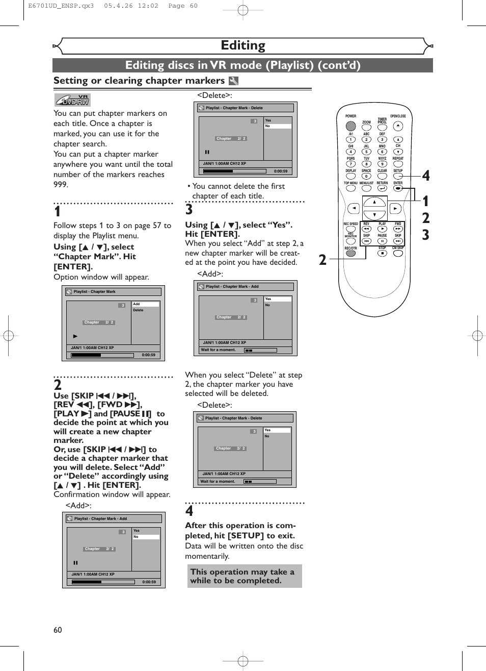 Editing, Editing discs in vr mode (playlist) (cont’d), Setting or clearing chapter markers | Sylvania DVR95DF User Manual | Page 62 / 82