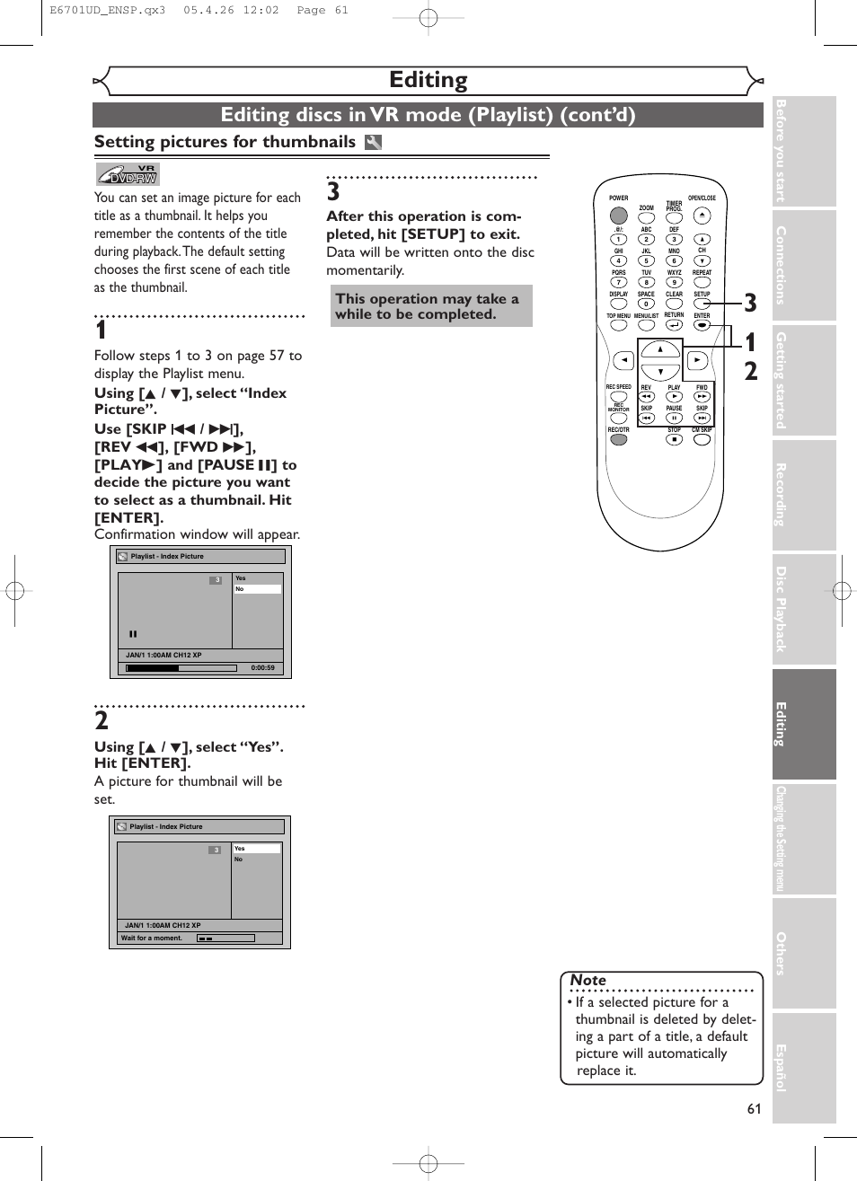 Editing, Editing discs in vr mode (playlist) (cont’d), Setting pictures for thumbnails | Sylvania DVR95DF User Manual | Page 63 / 82